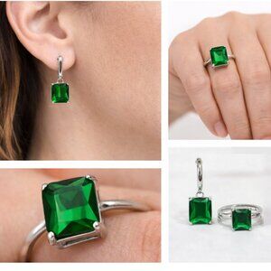 Silver Green Gem Dangle Earrings + Adjustable Ring Set Statement Jewelry